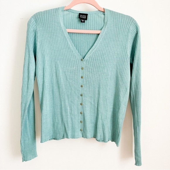 Eileen Fisher Blue Green Silk Linen Blend ribbed V Neck Cardigan Sweater XS - Picture 2 of 6